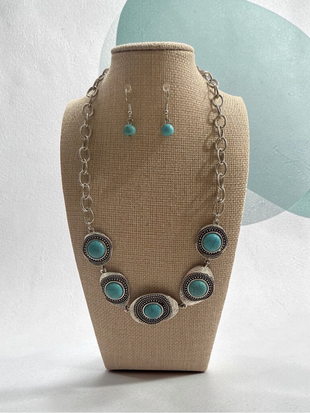 Turquoise Stone Statement Necklace and Earring Set